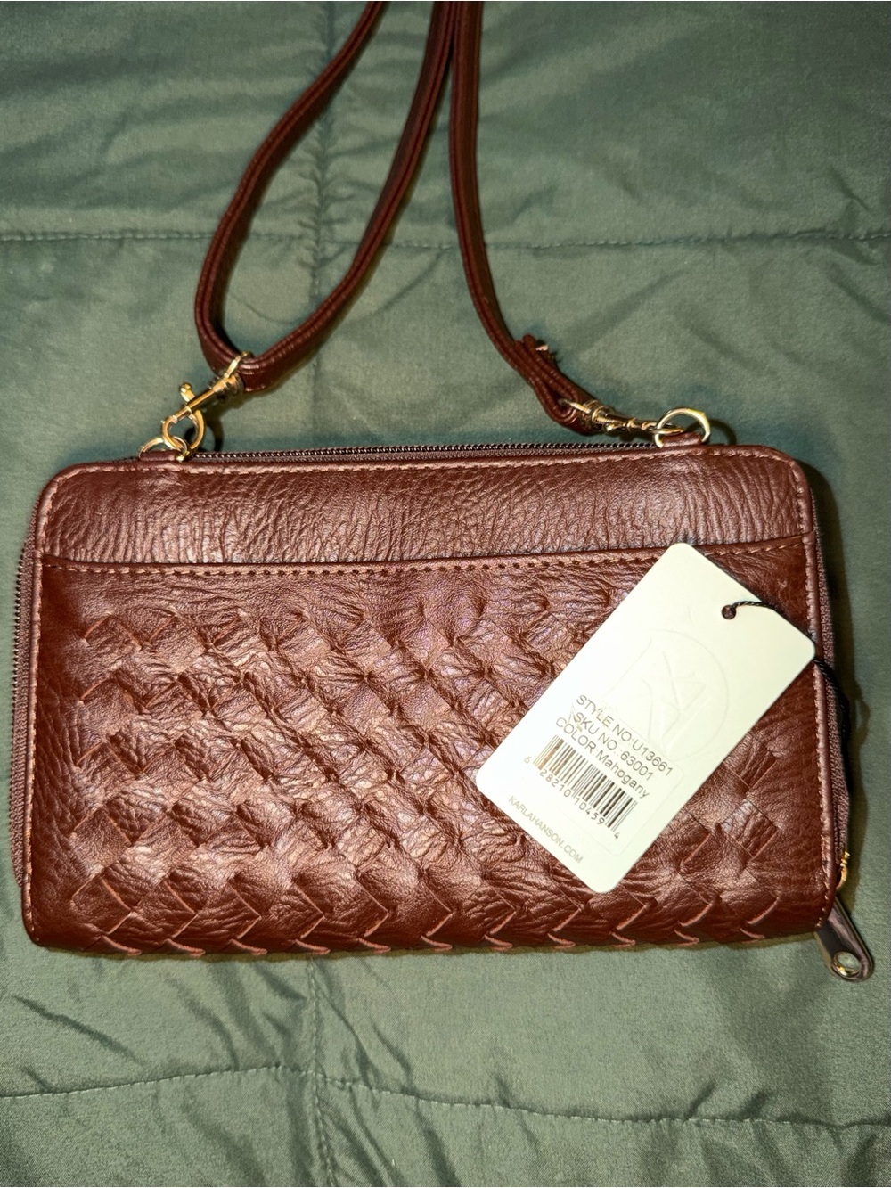 Woven Leather Wristlet Clutch in Dark Brown
